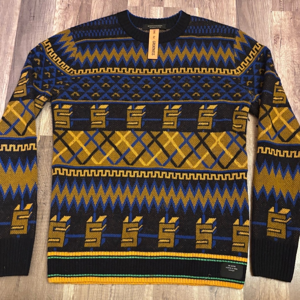 Scotch & Soda Geometric Crewneck Sweater in Black, Blue, and Gold